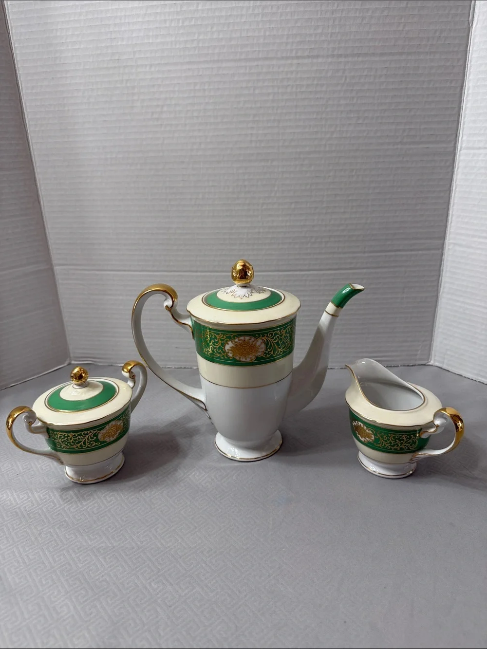 Vintage Albion China Porcelain Coffee/Tea 3 Pc Service Emerald Green Gold Japan